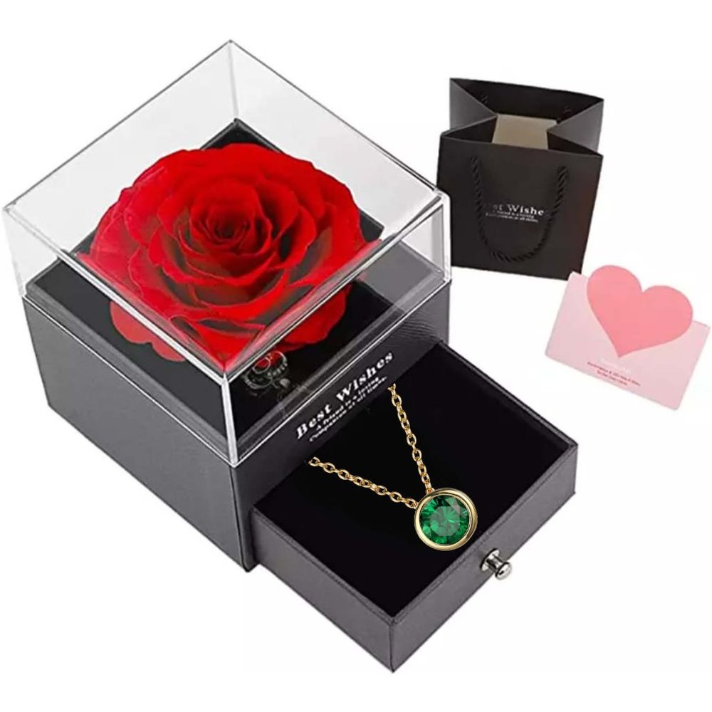 Preserved Rose In a Acrylic Box with Real Gold Plated May Birthstone Necklace